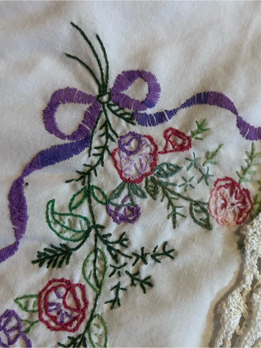 Vintage White Pillowcase with Pink, Purple and Green Floral Embroidery pair